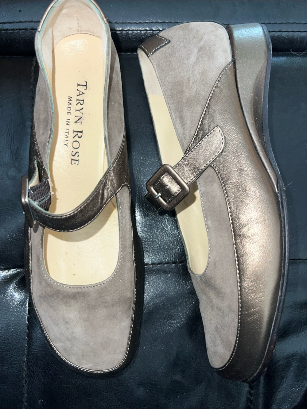 Taryn Rose Italy Taupe Suede and Dark Brown Mary Jane Flats